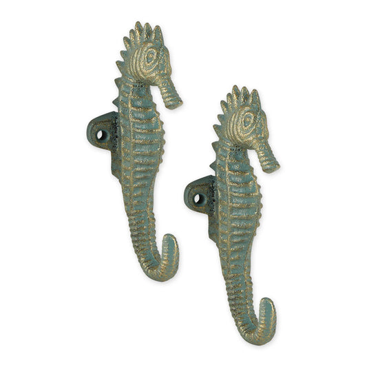 Cast Iron Aquamarine Seahorse Wall Hooks Set of Two