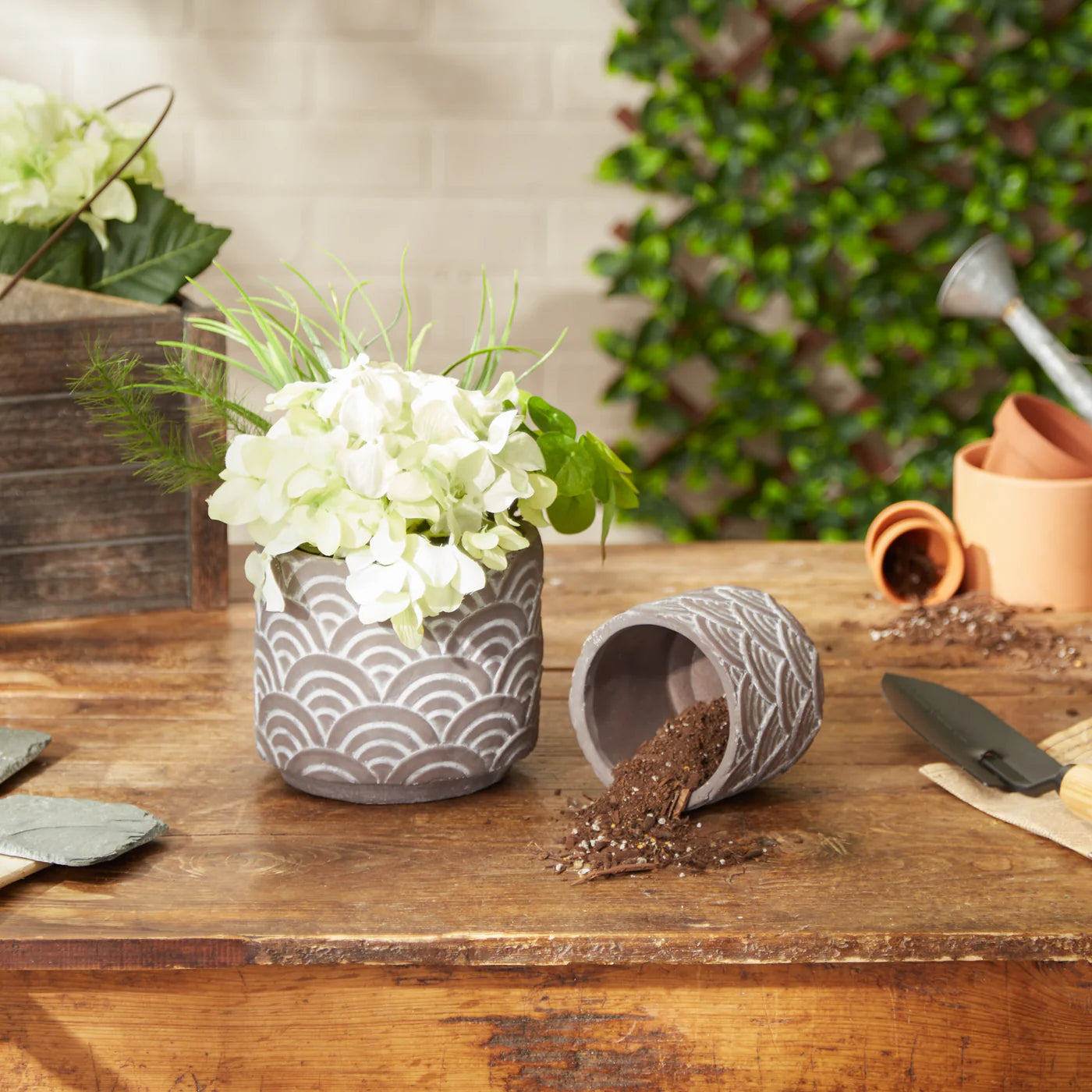 Black Scalloped Cement Flower Pots Set of 2