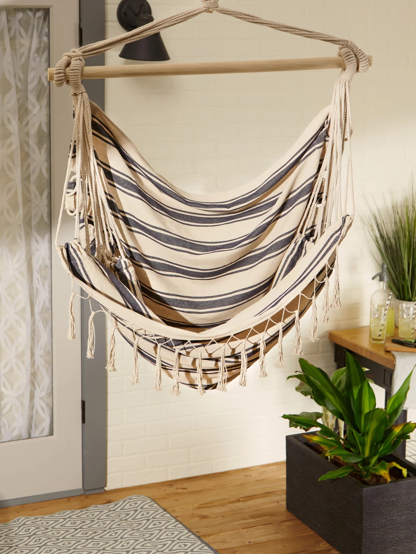 Blue and Cream Ticking Stripe Hammock Chair with Fringe Trim