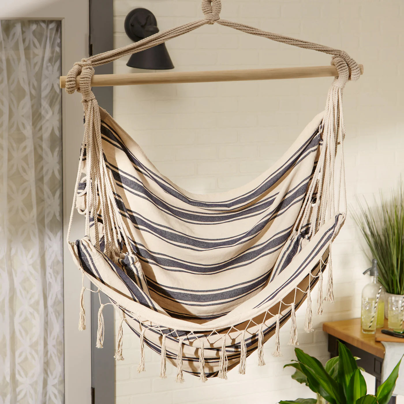 Blue and Cream Ticking Stripe Hammock Chair with Fringe Trim