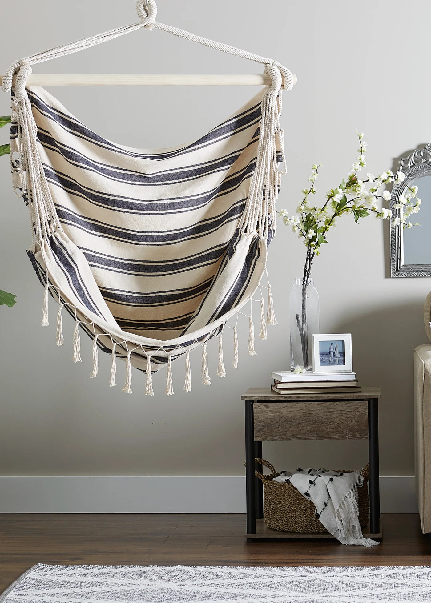 Blue and Cream Ticking Stripe Hammock Chair with Fringe Trim