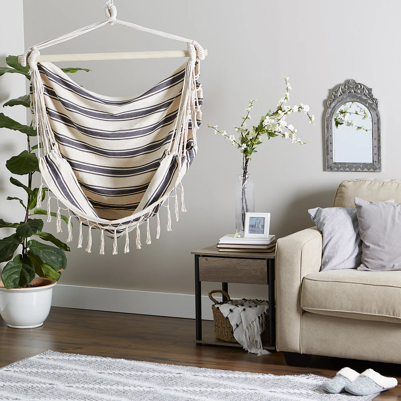 Blue and Cream Ticking Stripe Hammock Chair with Fringe Trim