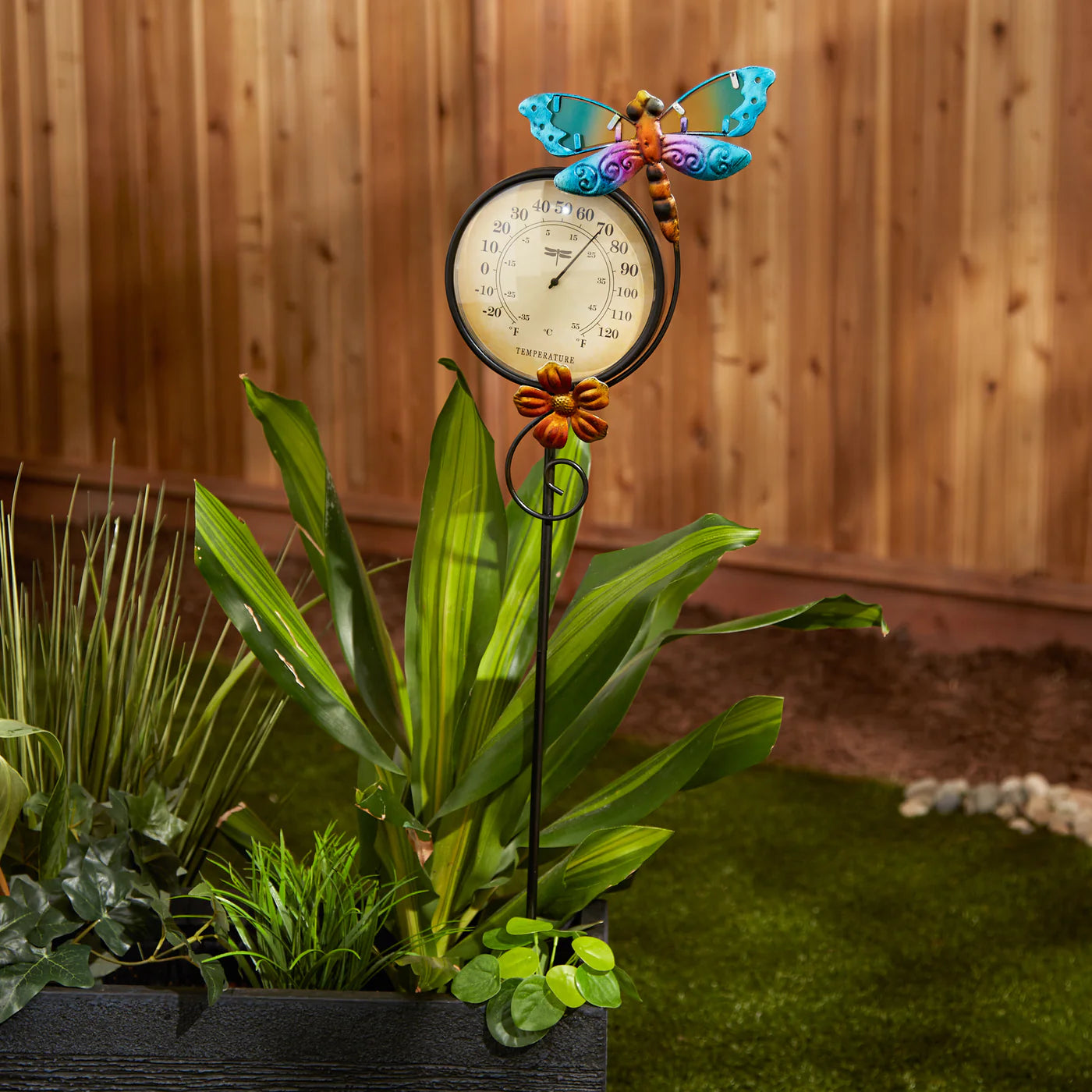 Multicolor Iron Garden Dragonfly Thermometer Garden Stake