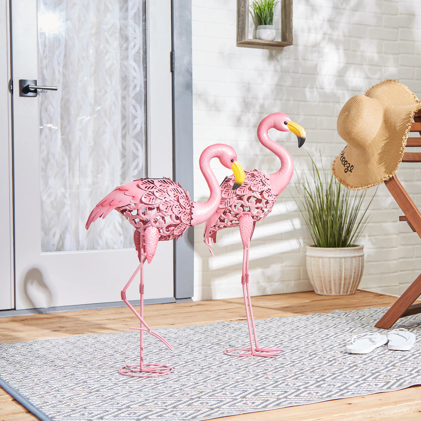 Flamingo Leaning Tall Solar Metal Statue