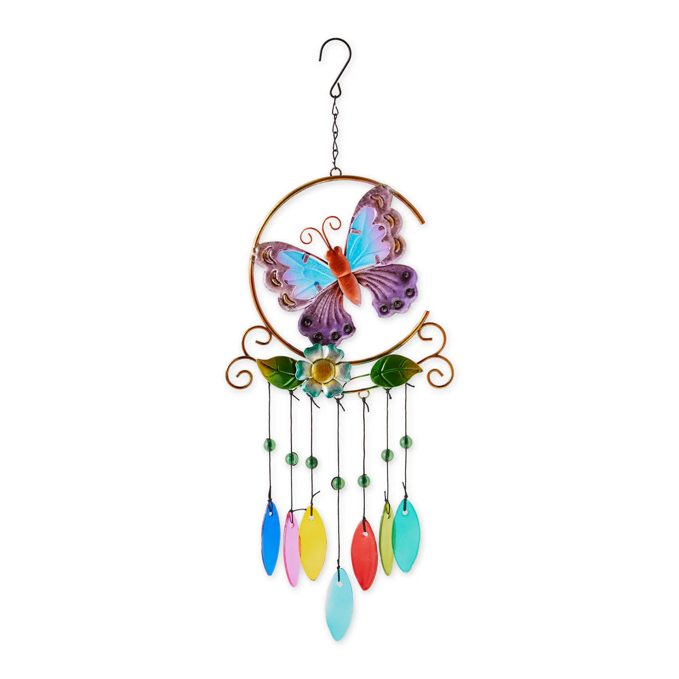 Glass Leaves Wind Chime with Butterfly Iron Ornament