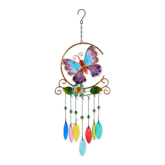 Glass Leaves Wind Chime with Butterfly Iron Ornament