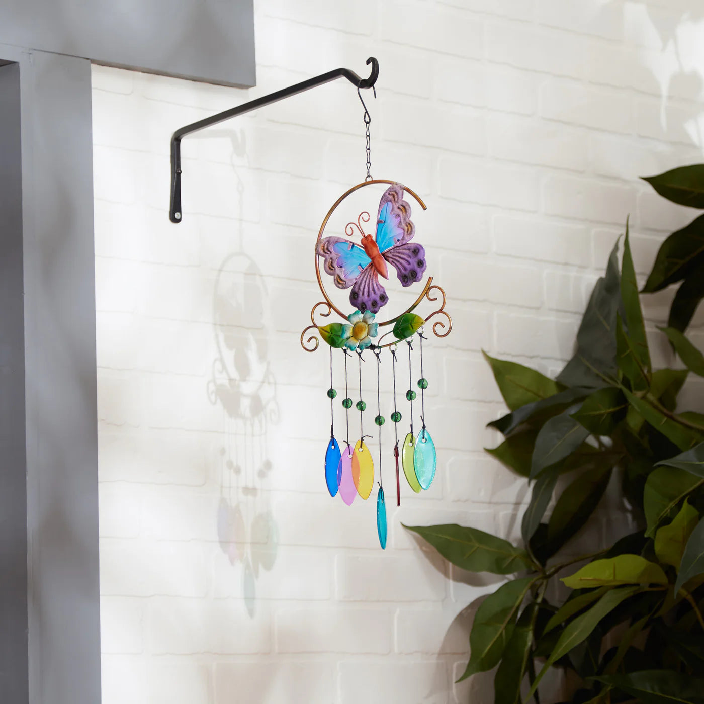 Glass Leaves Wind Chime with Butterfly Iron Ornament