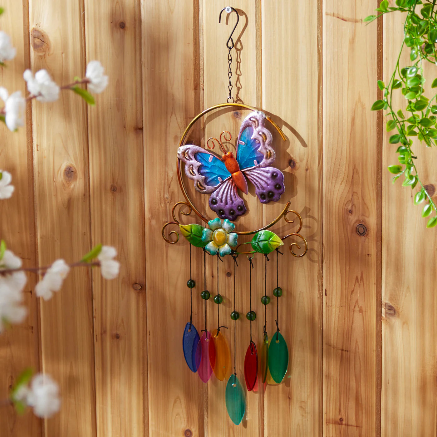 Glass Leaves Wind Chime with Butterfly Iron Ornament