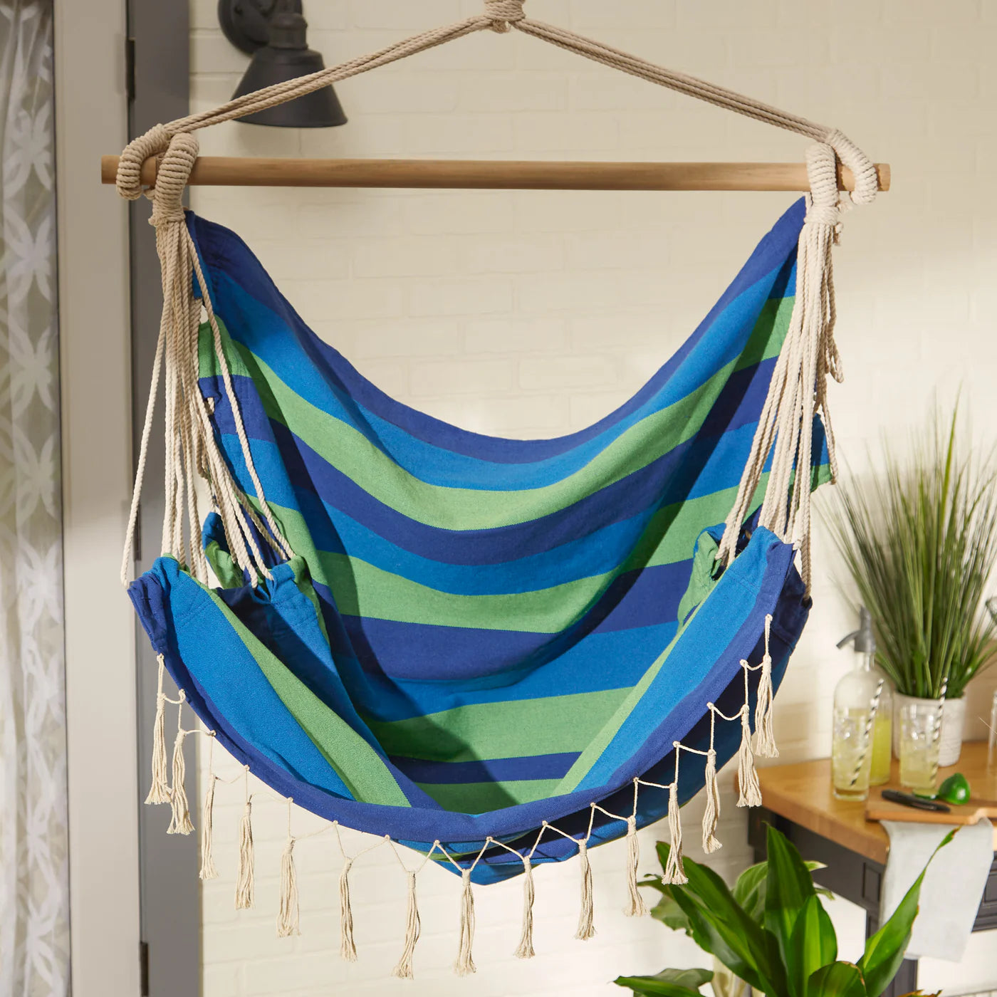 Blue Lagoon Stripe Hammock Chair with Fringe Trim