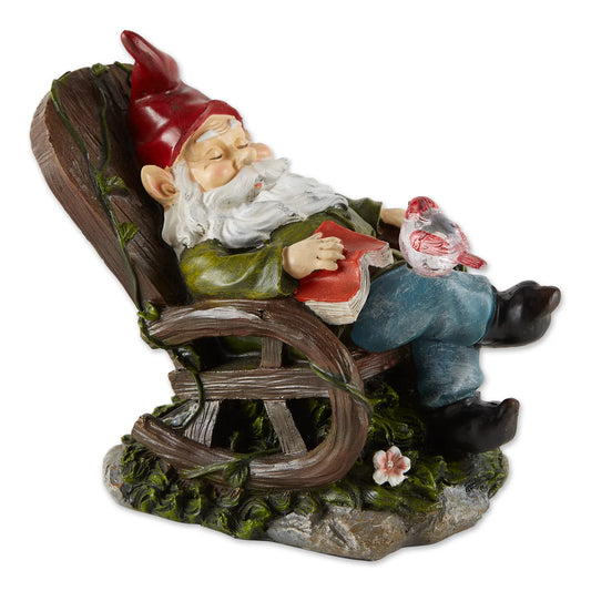 Gnome with Red Bird in Rocking Chair Solar Statue