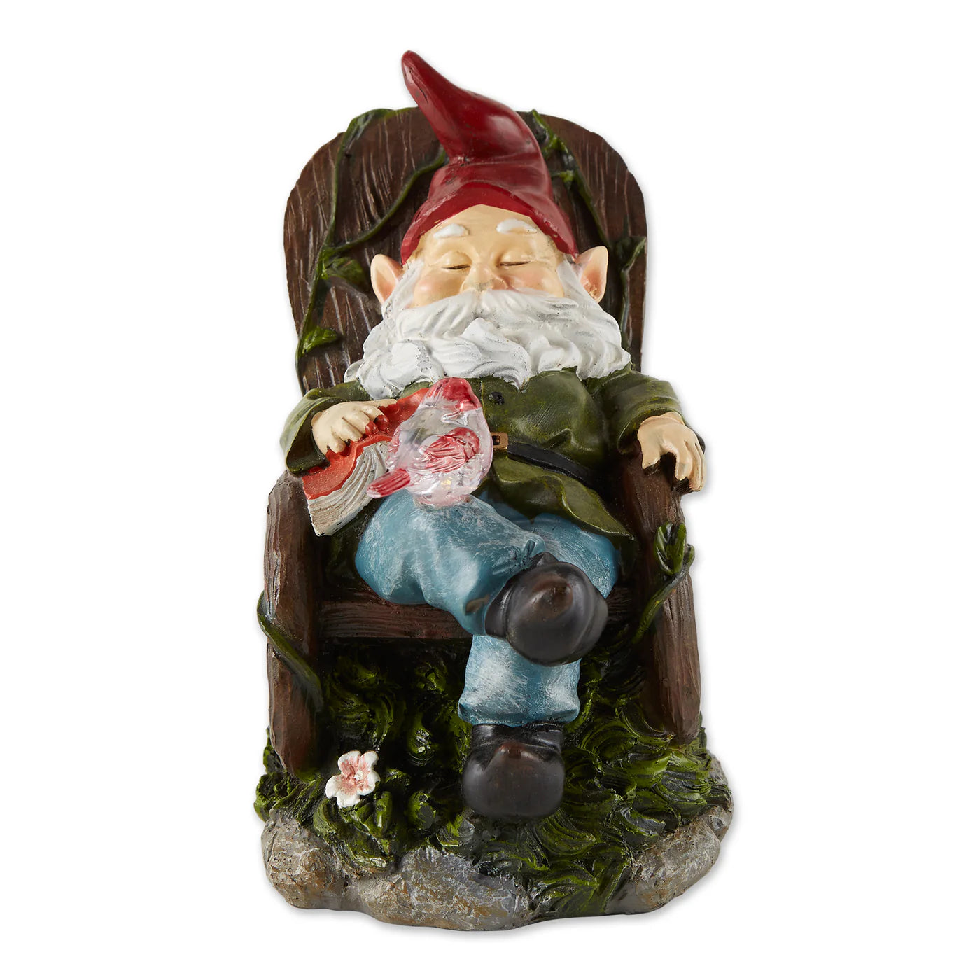 Gnome with Red Bird in Rocking Chair Solar Statue