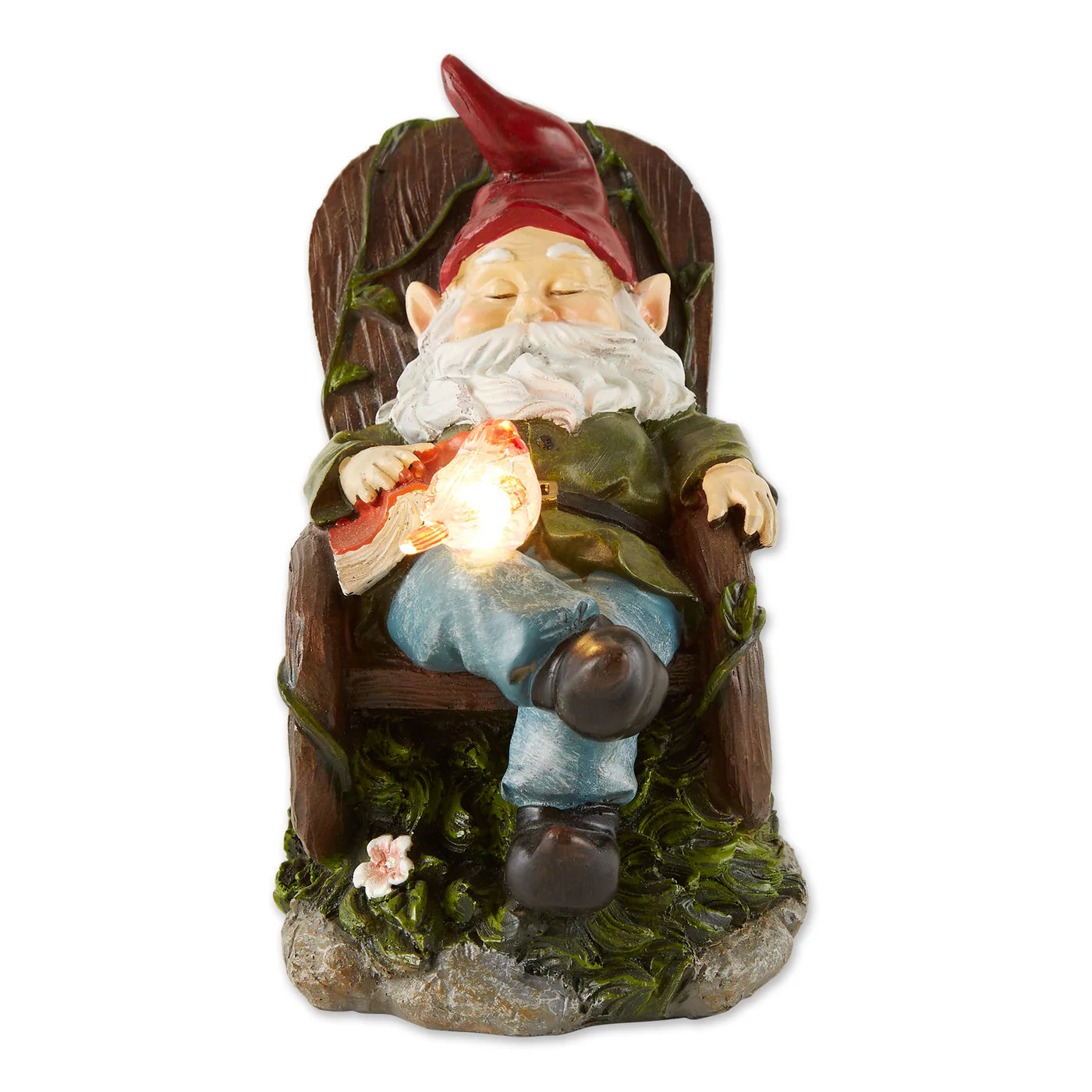 Gnome with Red Bird in Rocking Chair Solar Statue