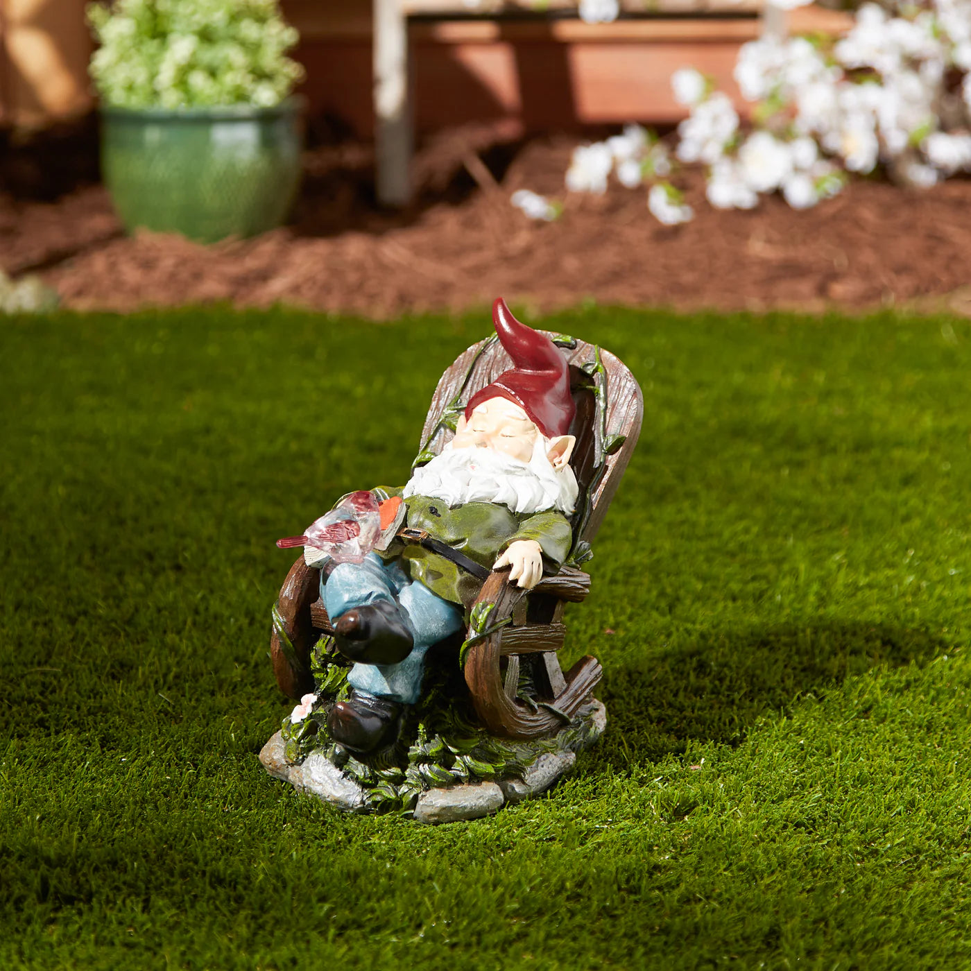 Gnome with Red Bird in Rocking Chair Solar Statue