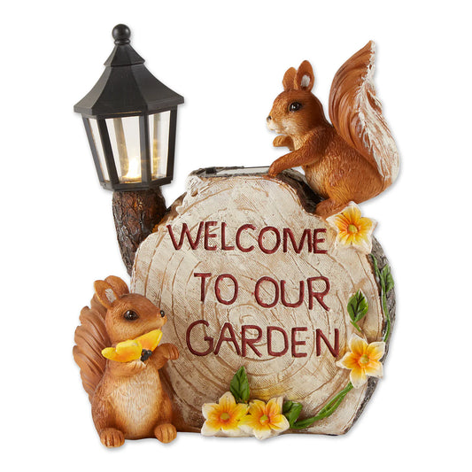 "Welcome To Our Garden" Squirrels Solar Statue