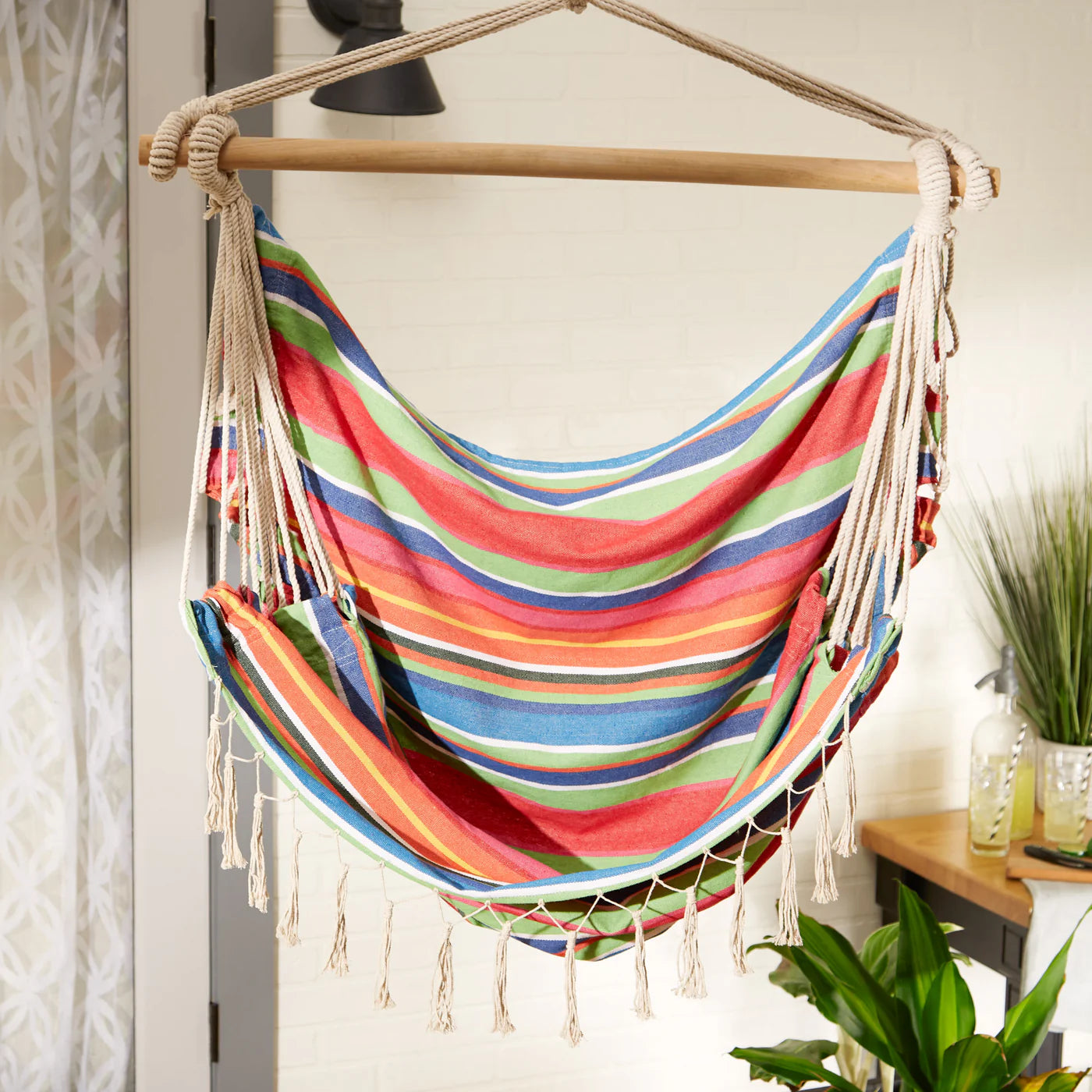 Summer Stripe Hammock Chair with Fringe Trim