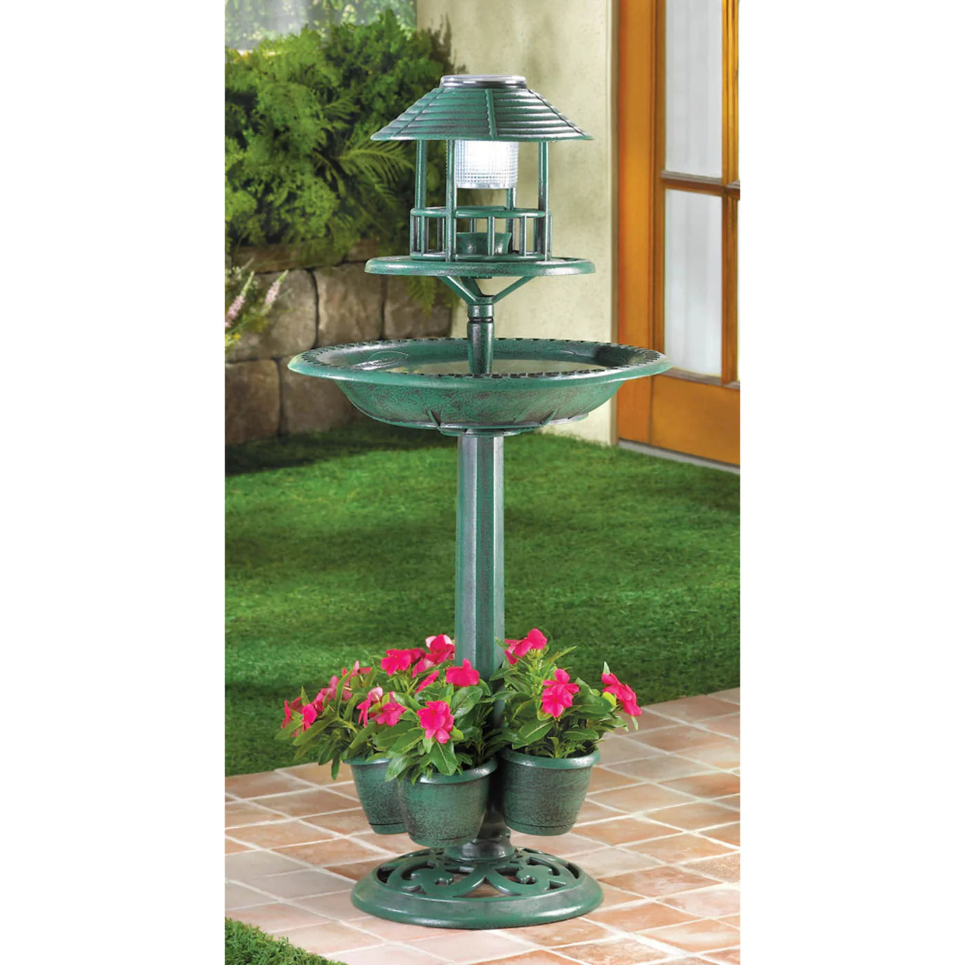 Verdigris Garden Centerpiece Bird Bath Planter with LED Light