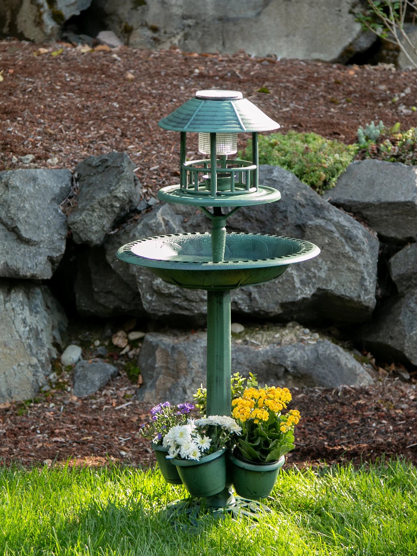 Verdigris Garden Centerpiece Bird Bath Planter with LED Light