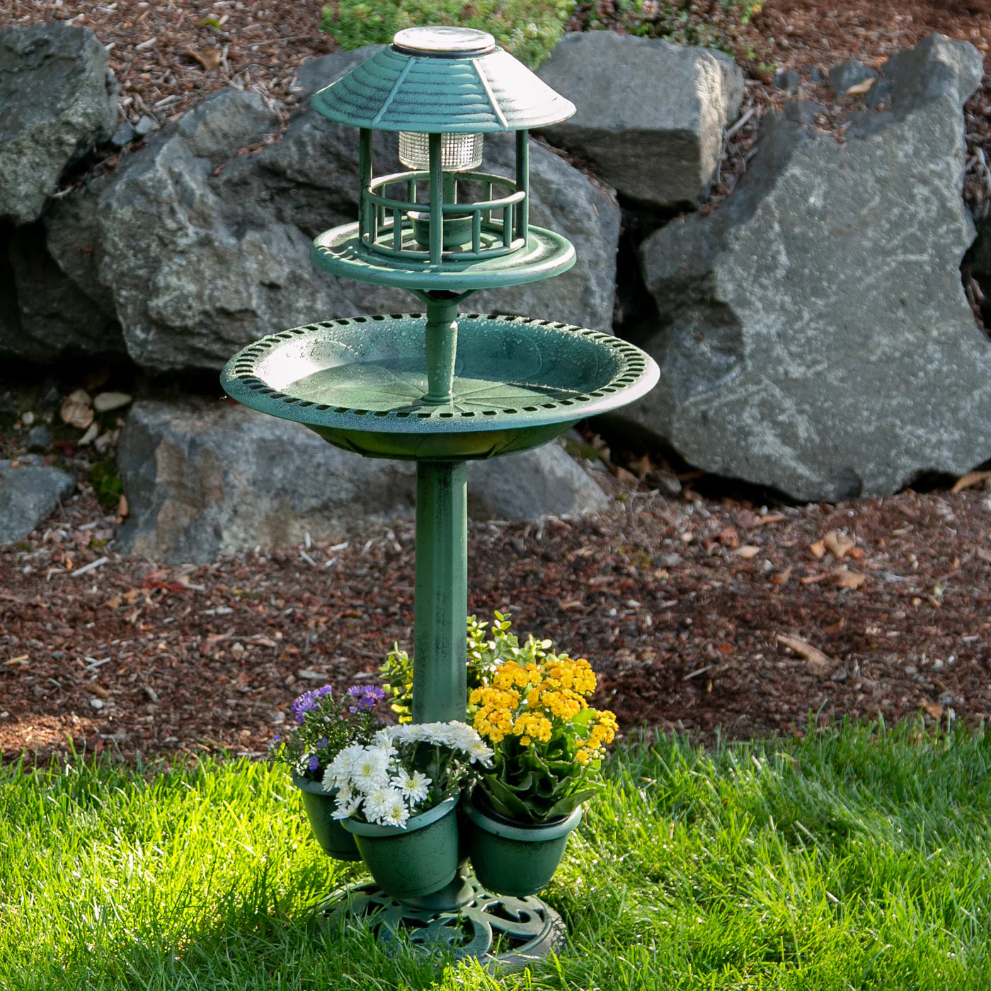 Verdigris Garden Centerpiece Bird Bath Planter with LED Light