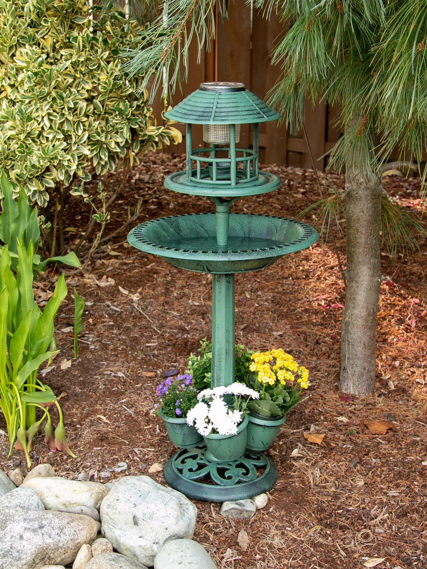 Verdigris Garden Centerpiece Bird Bath Planter with LED Light