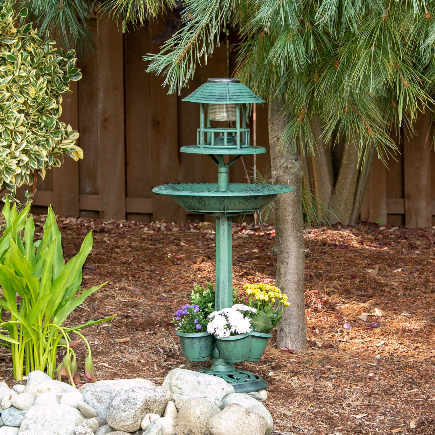 Verdigris Garden Centerpiece Bird Bath Planter with LED Light