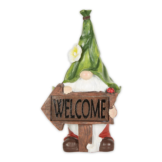 Gnome with Glowing "Welcome" Sign Solar Statue