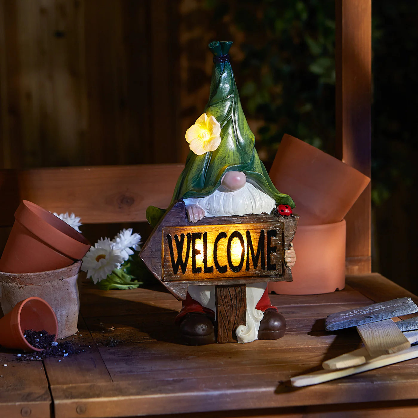 Gnome with Glowing "Welcome" Sign Solar Statue